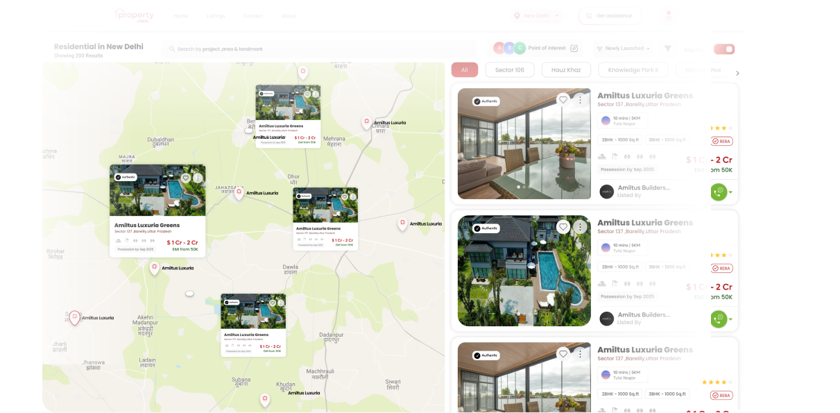 Property map view showing locations in New Delhi with property listings